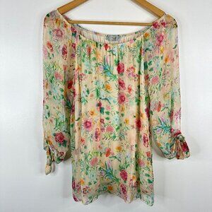 Angela Moda  Made In Italy  100% Silk  Flowy Elbow Sleeve Floral Blouse  M